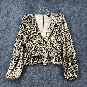 Top Express Leopard Blouse Tiered Ruffle Sheer Sleeves Women’s Medium